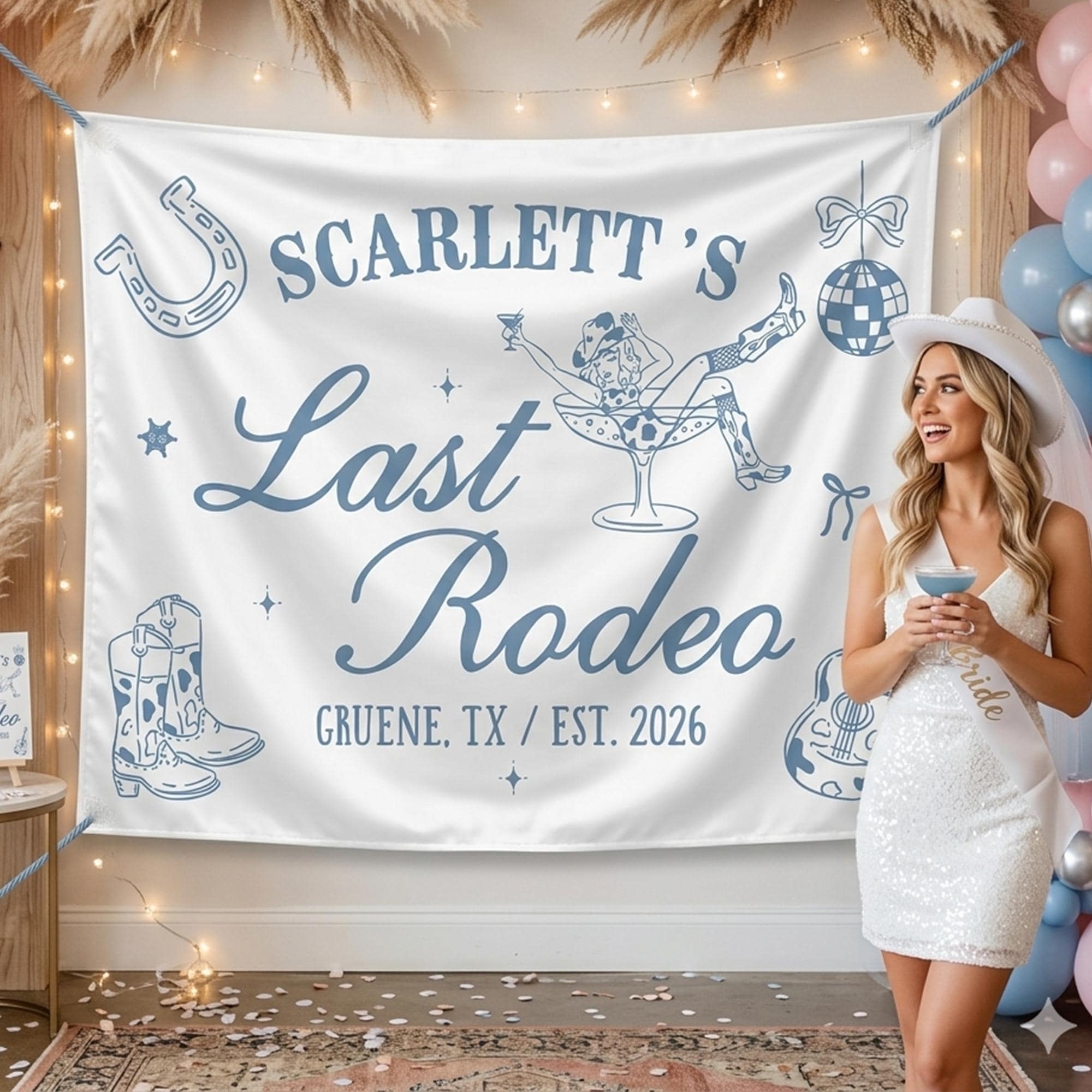 Personalized Last Rodeo Banner with Cowgirl Martini Design Western Bachelorette Party Backdrop Custom Name Retro Gruene Texas Decor