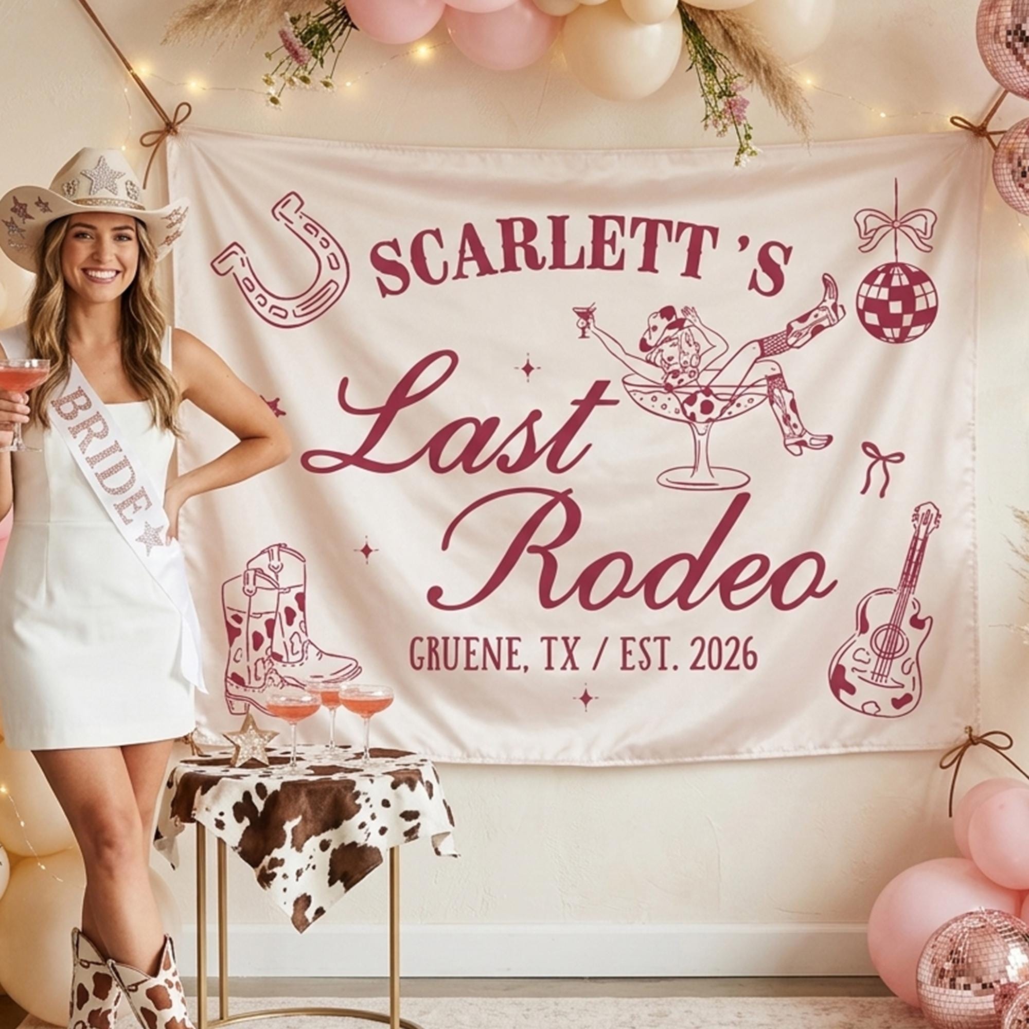 Personalized Last Rodeo Banner with Cowgirl Martini Design Western Bachelorette Party Backdrop Custom Name Retro Gruene Texas Decor
