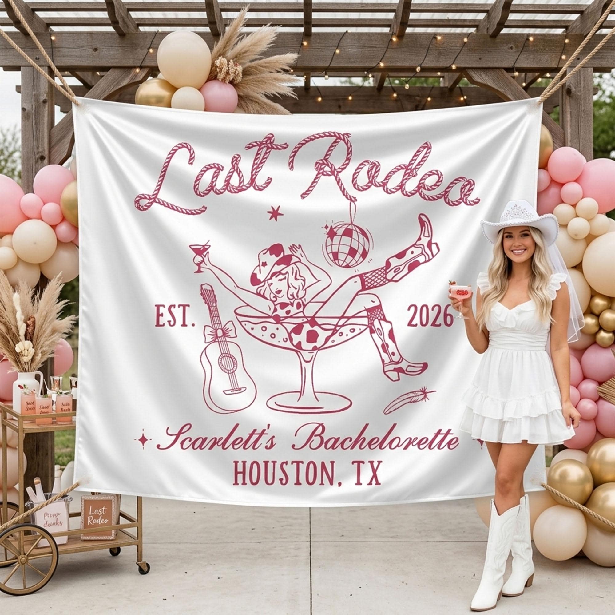 Personalized Last Rodeo Cowgirl Banner Custom Bachelorette Party Backdrop Retro Western Decor Dusty Rose Pink Theme Bridal Shower Sign