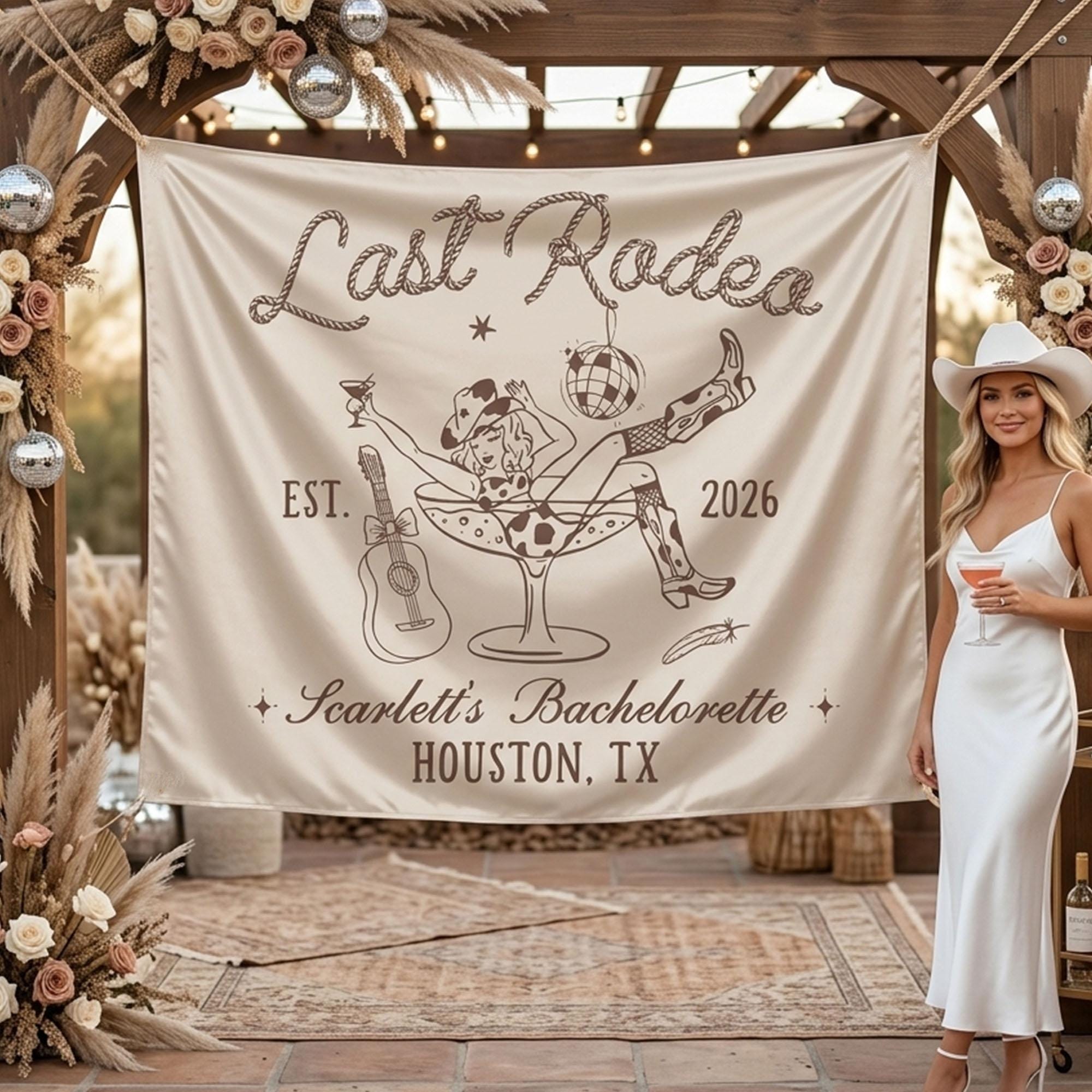 Personalized Last Rodeo Cowgirl Banner Custom Bachelorette Party Backdrop Retro Western Decor Dusty Rose Pink Theme Bridal Shower Sign