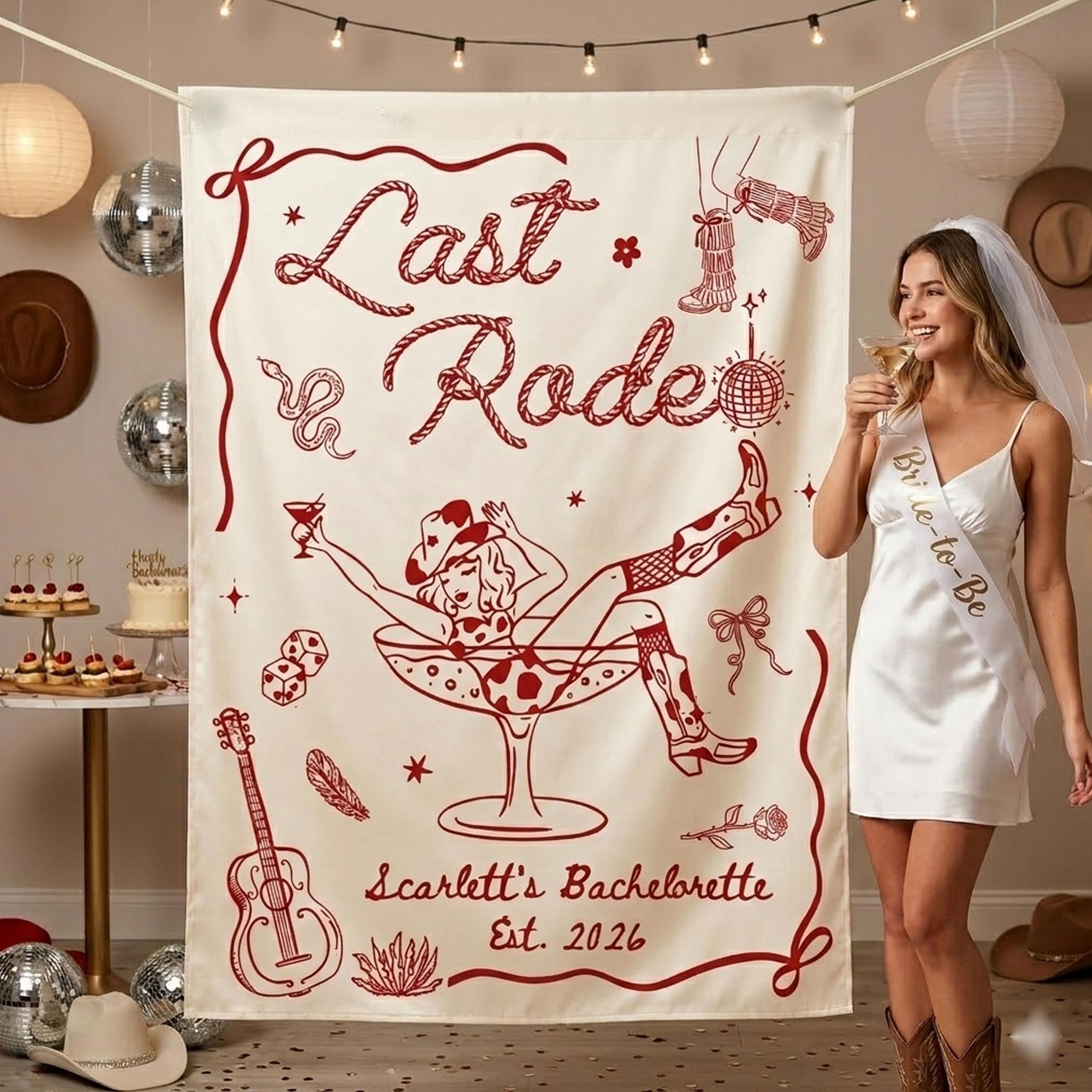Personalized Last Rodeo Silk Banner Custom Name Western Bachelorette Backdrop Reddish-Brown Design Nashville Cowgirl Party Decor