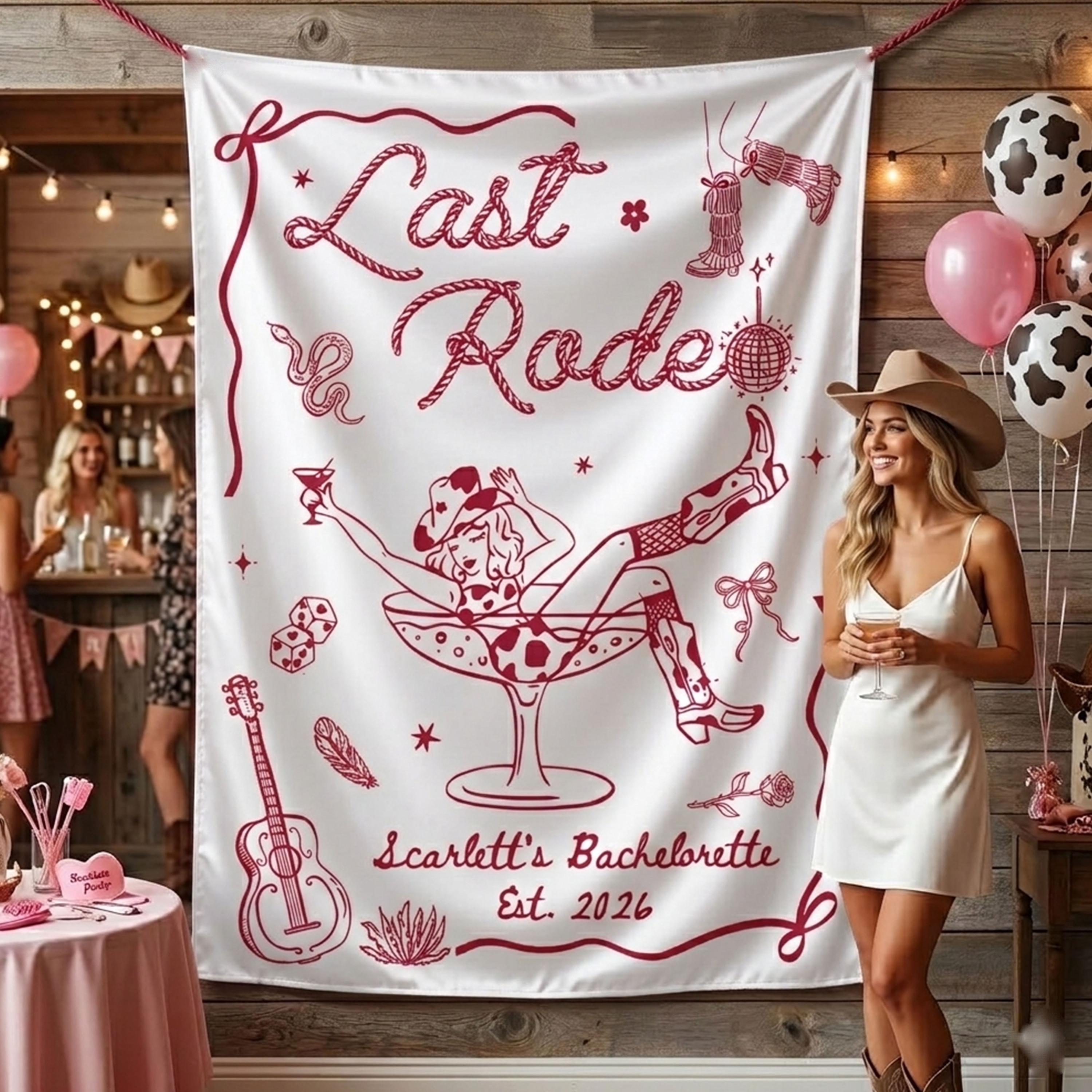 Personalized Last Rodeo Silk Banner Custom Name Western Bachelorette Backdrop Reddish-Brown Design Nashville Cowgirl Party Decor