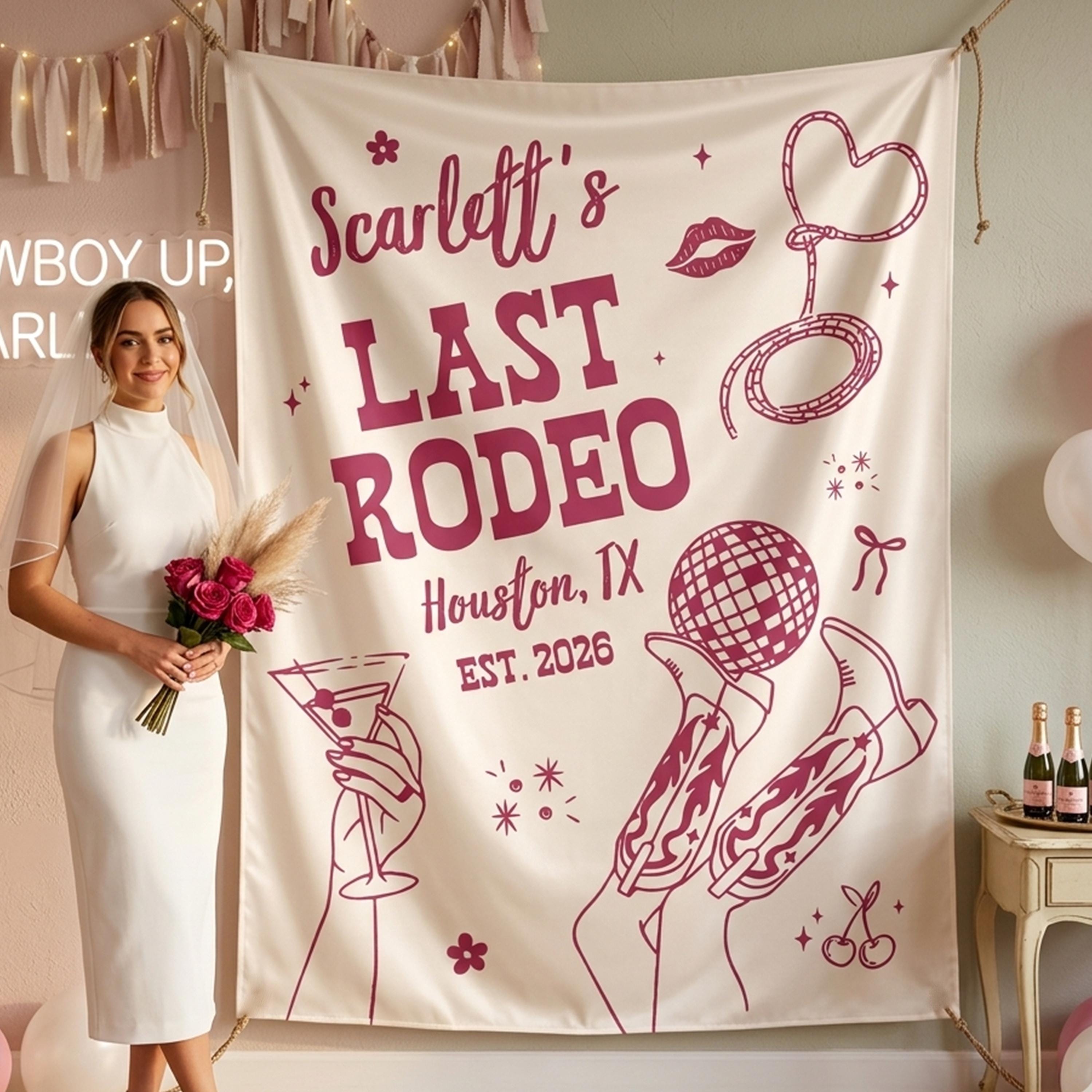Personalized Last Rodeo Silk Banner Western Bachelorette Party Backdrop Custom Cowgirl Decor with Disco Ball and Boots Design