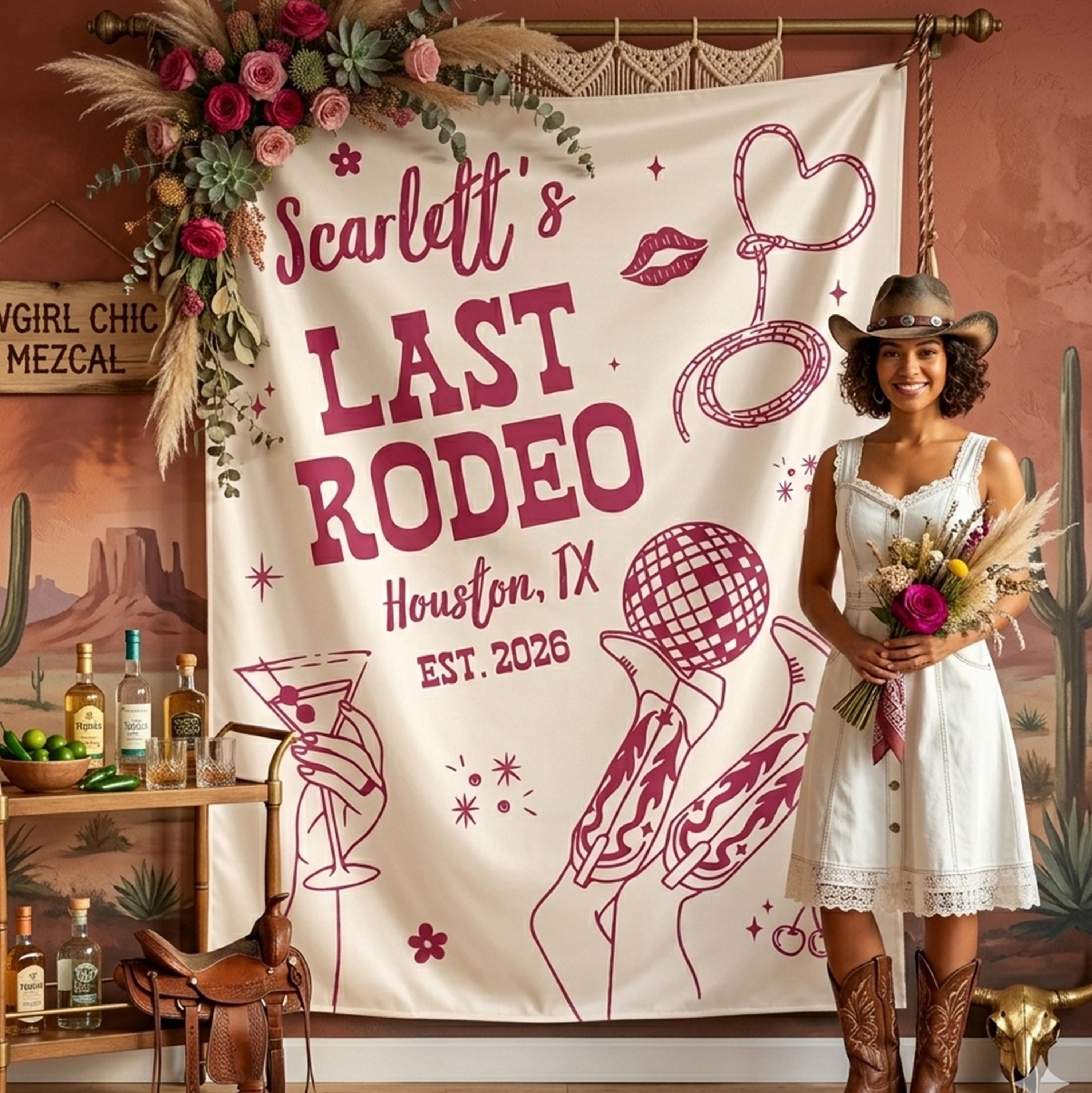 Personalized Last Rodeo Silk Banner Western Bachelorette Party Backdrop Custom Cowgirl Decor with Disco Ball and Boots Design