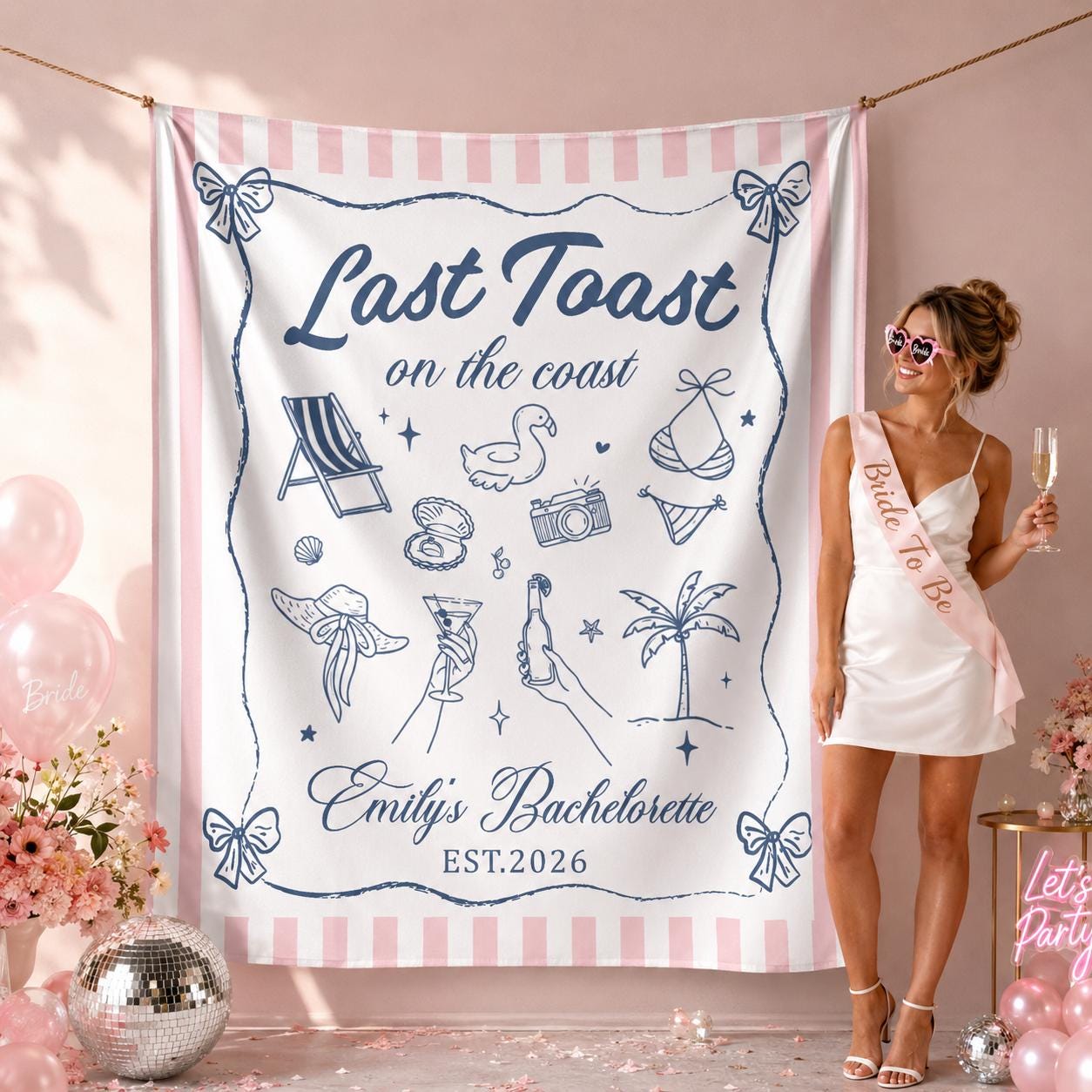 Personalized Last Toast on the Coast Banner for Beach Bachelorette Party, Pink Nautical Bride Tribe Backdrop with Coastal Chic Design