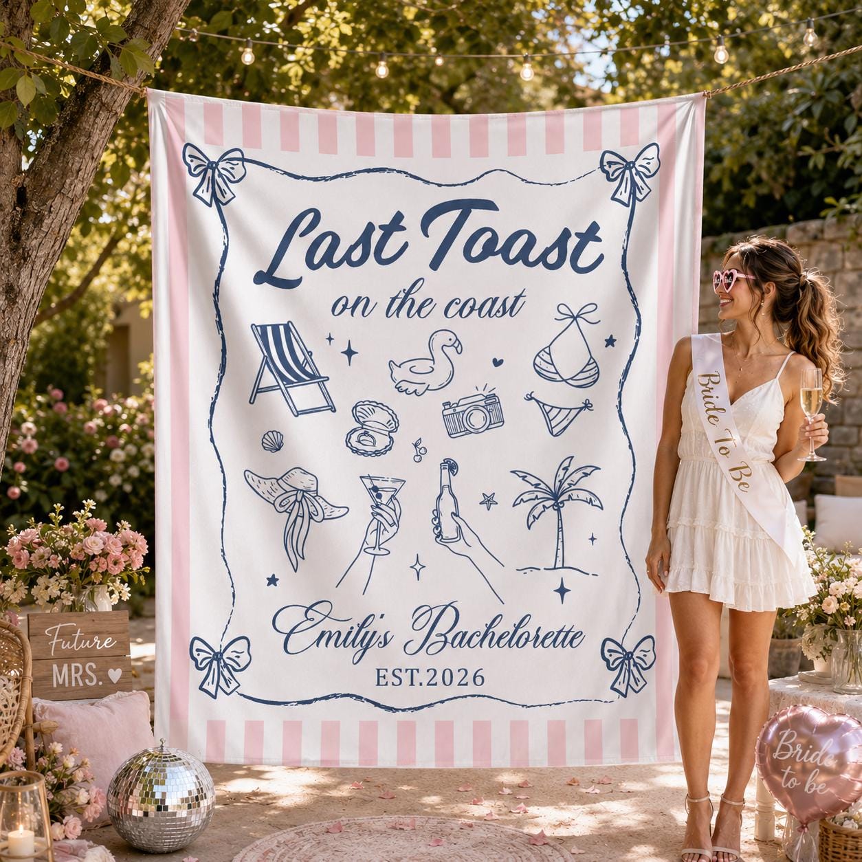 Personalized Last Toast on the Coast Banner for Beach Bachelorette Party, Pink Nautical Bride Tribe Backdrop with Coastal Chic Design