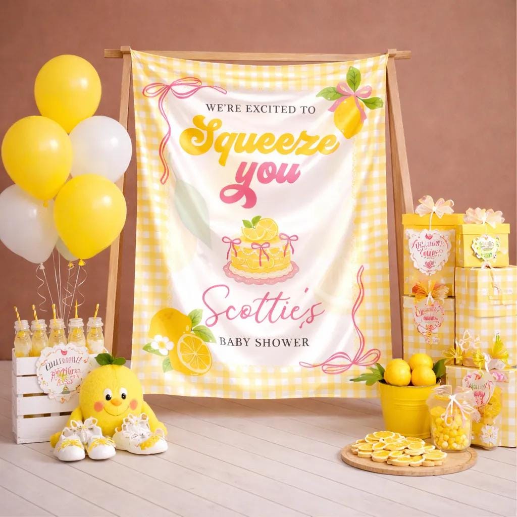 Personalized Lemon Baby Shower Welcome Sign with Yellow Gingham Border and Watercolor Citrus Cake Design for Festive Party Decor