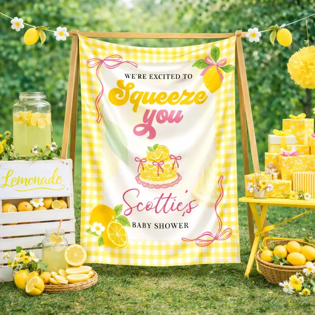 Personalized Lemon Baby Shower Welcome Sign with Yellow Gingham Border and Watercolor Citrus Cake Design for Festive Party Decor