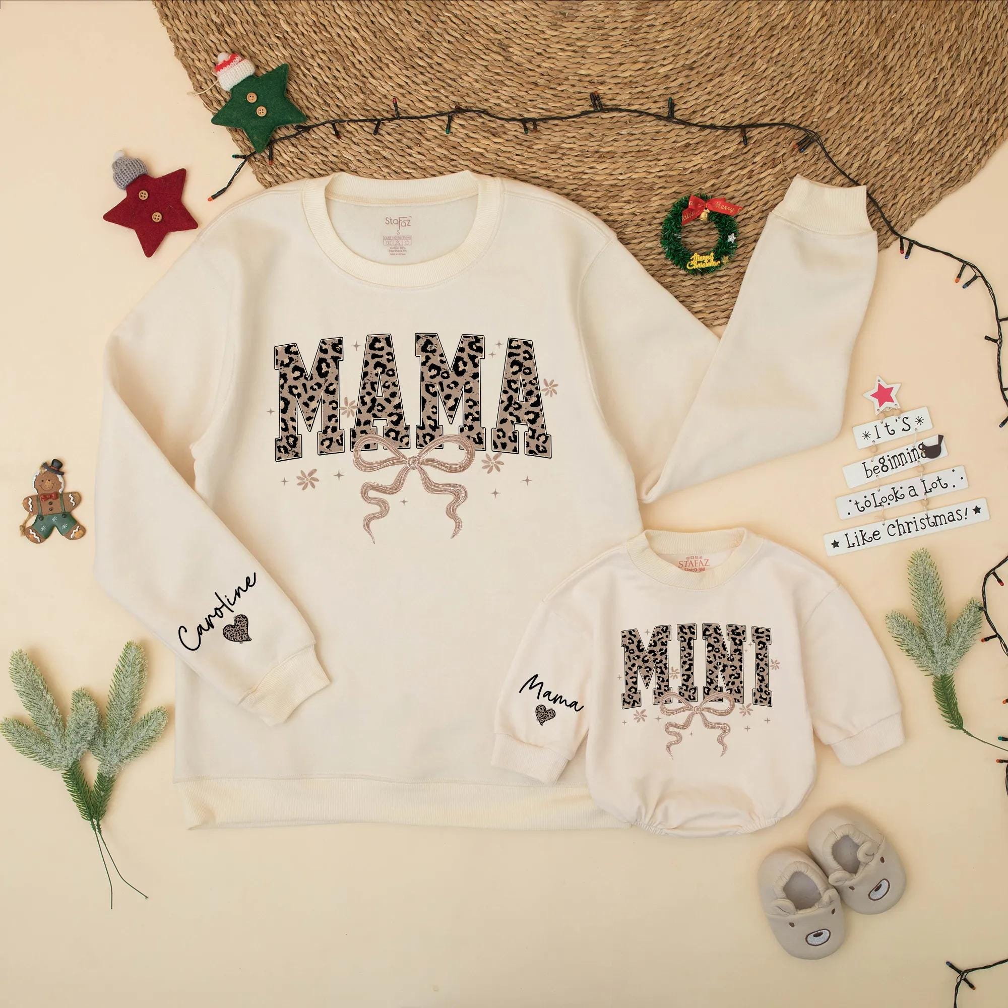 Personalized Leopard Mama and Mini Matching Sweatshirts with Bows and Stars, Mom and Daughter Outfits, Custom Family Clothes Gift