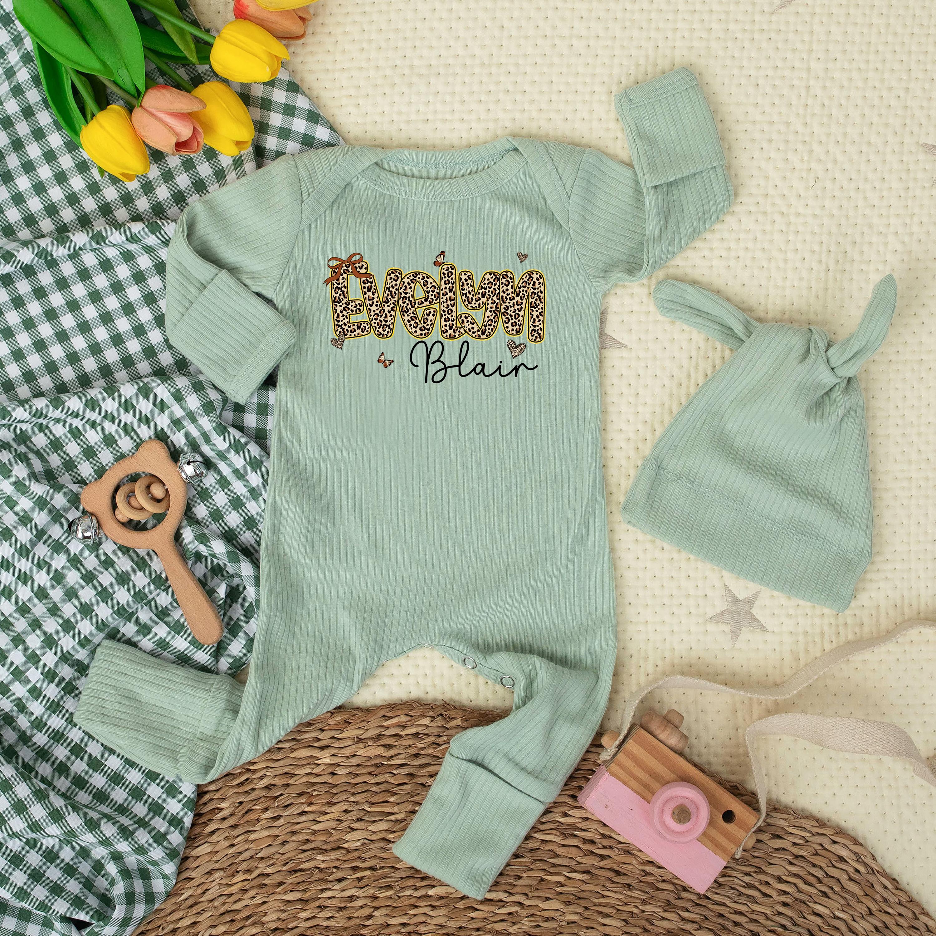 Personalized Leopard Print Baby Girl Bodysuit with Evelyn Blair Design Cute Newborn Outfit Coming Home Gift Soft Cotton Baby Shower Present