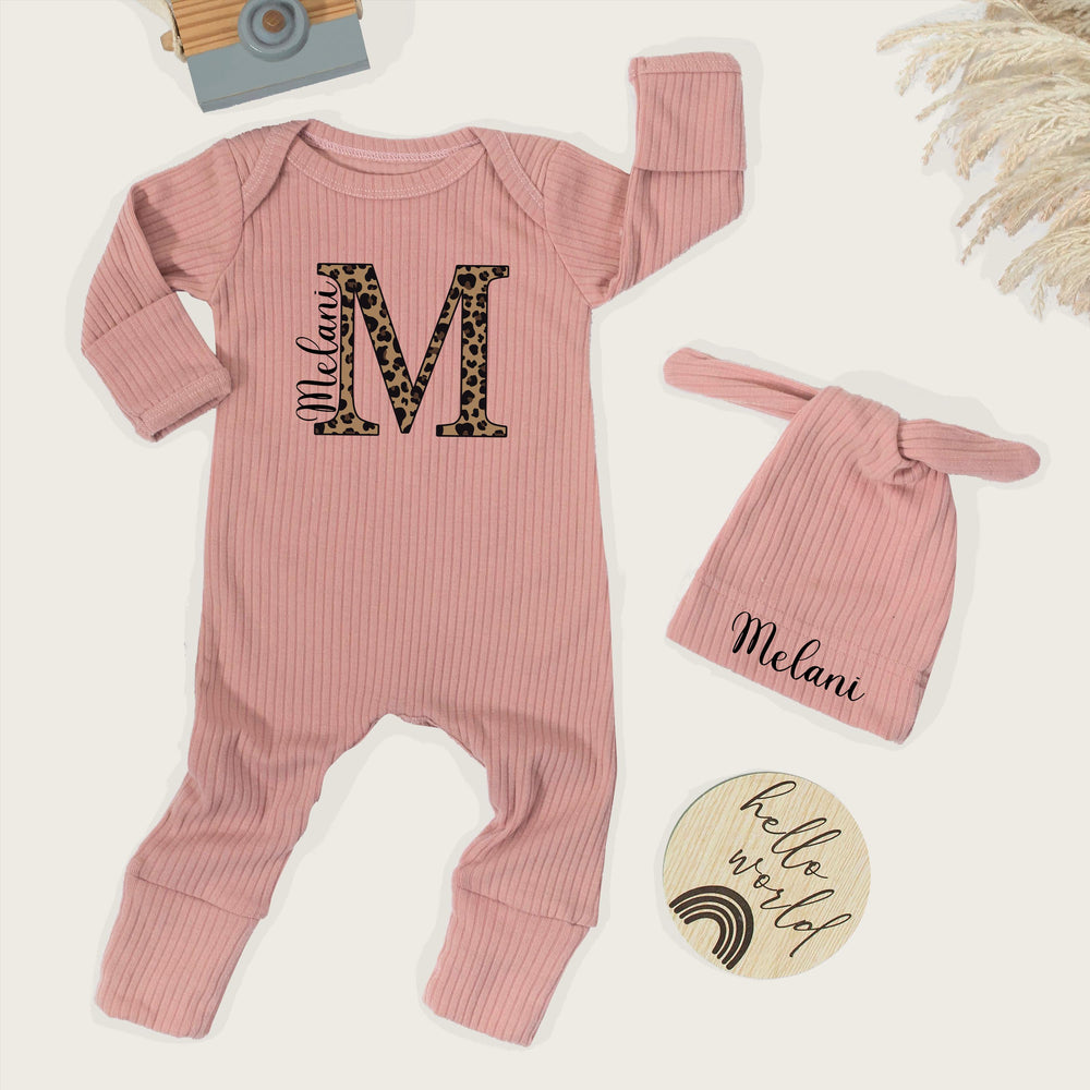 Personalized Leopard Print Baby Girl Outfit with Name Melani, Custom Newborn Bodysuit and Hat Set, Trendy Animal Print Baby Shower Gift