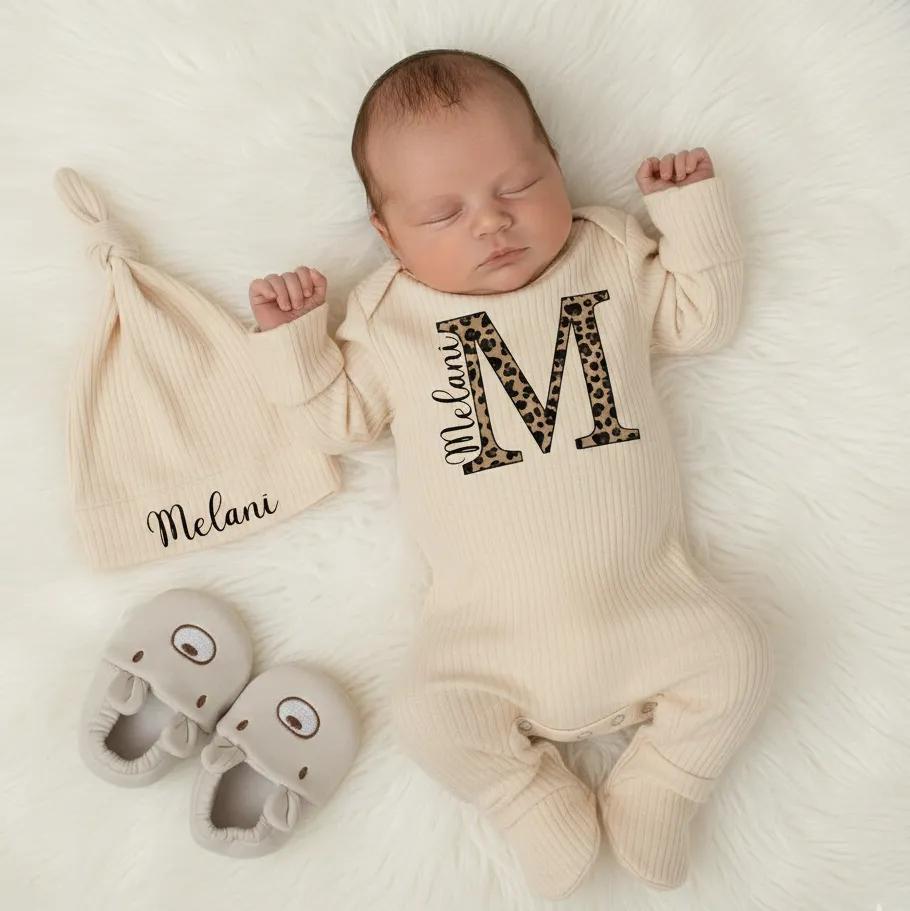 Personalized Leopard Print Baby Girl Outfit with Name Melani, Custom Newborn Bodysuit and Hat Set, Trendy Animal Print Baby Shower Gift