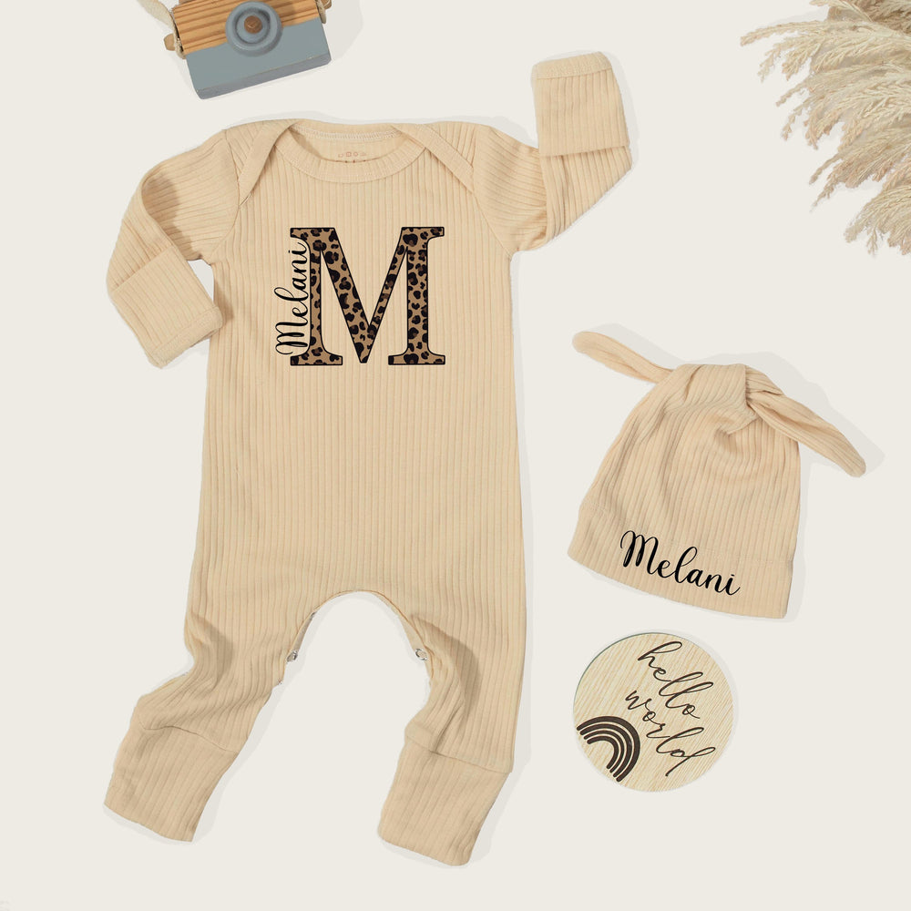 Personalized Leopard Print Baby Girl Outfit with Name Melani, Custom Newborn Bodysuit and Hat Set, Trendy Animal Print Baby Shower Gift
