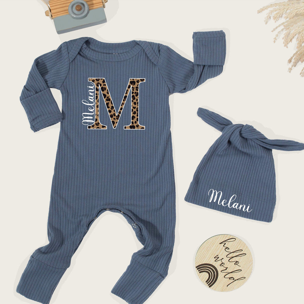 Personalized Leopard Print Baby Girl Outfit with Name Melani, Custom Newborn Bodysuit and Hat Set, Trendy Animal Print Baby Shower Gift