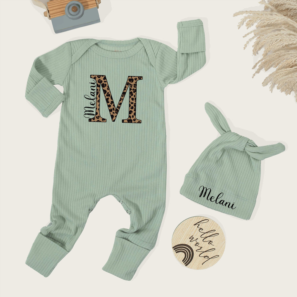 Personalized Leopard Print Baby Girl Outfit with Name Melani, Custom Newborn Bodysuit and Hat Set, Trendy Animal Print Baby Shower Gift