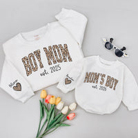 Personalized Leopard Print Boy Mom Sweatshirt Custom Infant Romper Trendy Animal Print Family Gift Mom of Boys Clothes