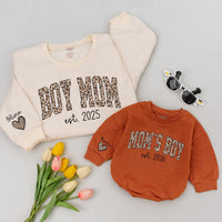 Personalized Leopard Print Boy Mom Sweatshirt Custom Infant Romper Trendy Animal Print Family Gift Mom of Boys Clothes