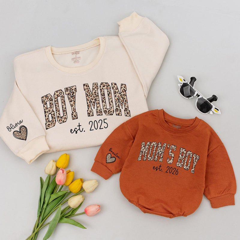 Personalized Leopard Print Boy Mom Sweatshirt Custom Infant Romper Trendy Animal Print Family Gift Mom of Boys Clothes