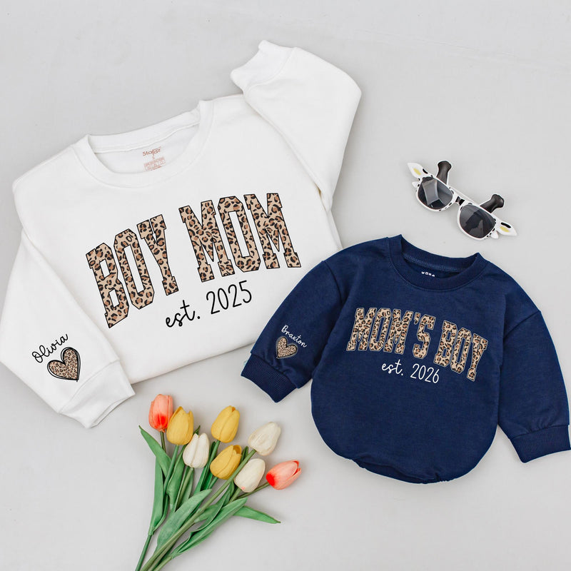 Personalized Leopard Print Boy Mom Sweatshirt Custom Infant Romper Trendy Animal Print Family Gift Mom of Boys Clothes