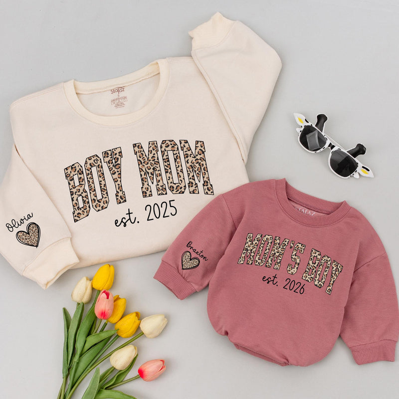 Personalized Leopard Print Boy Mom Sweatshirt Custom Infant Romper Trendy Animal Print Family Gift Mom of Boys Clothes