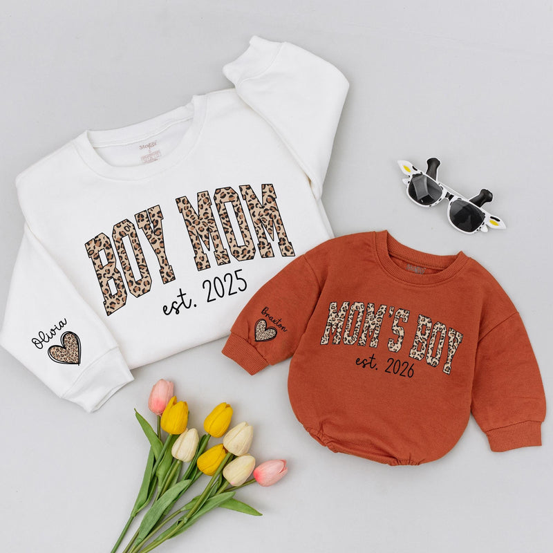 Personalized Leopard Print Boy Mom Sweatshirt Custom Infant Romper Trendy Animal Print Family Gift Mom of Boys Clothes