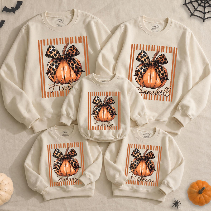 Personalized Leopard Pumpkin Bow Sweatshirt for Matching Family, Custom Fall Outfit for Mom Dad Kids Baby, Cozy Cotton Halloween Apparel