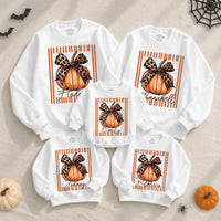 Personalized Leopard Pumpkin Bow Sweatshirt for Matching Family, Custom Fall Outfit for Mom Dad Kids Baby, Cozy Cotton Halloween Apparel