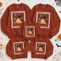 Personalized Leopard Pumpkin Bow Sweatshirt for Matching Family, Custom Fall Outfit for Mom Dad Kids Baby, Cozy Cotton Halloween Apparel