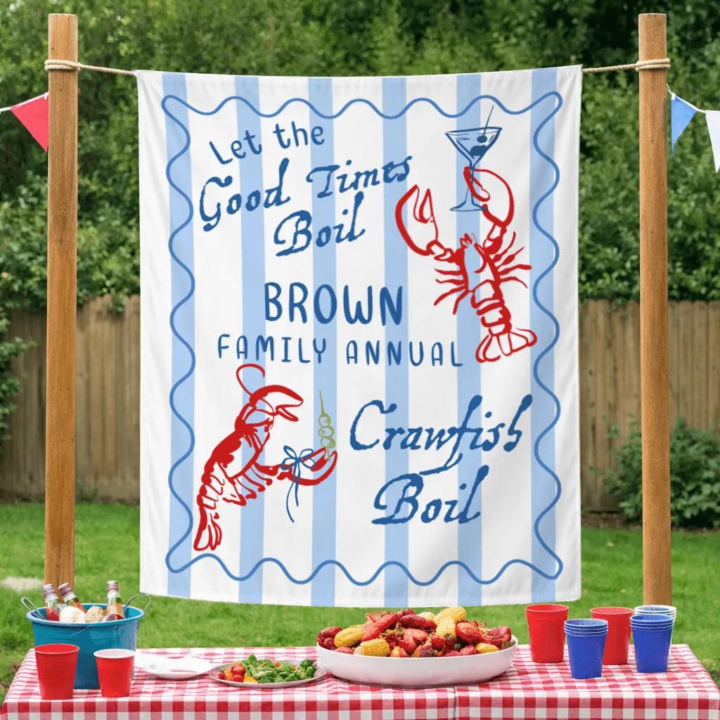 Personalized Let the Good Times Boil Crawfish Boil Banner with Red Crawfish and Blue Stripes, Custom Louisiana Family Party Backdrop Decor