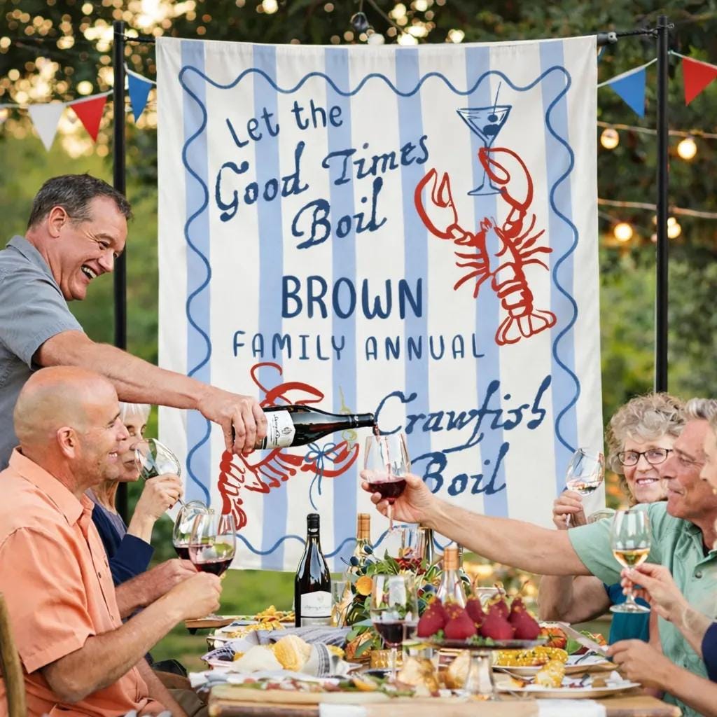 Personalized Let the Good Times Boil Crawfish Boil Banner with Red Crawfish and Blue Stripes, Custom Louisiana Family Party Backdrop Decor
