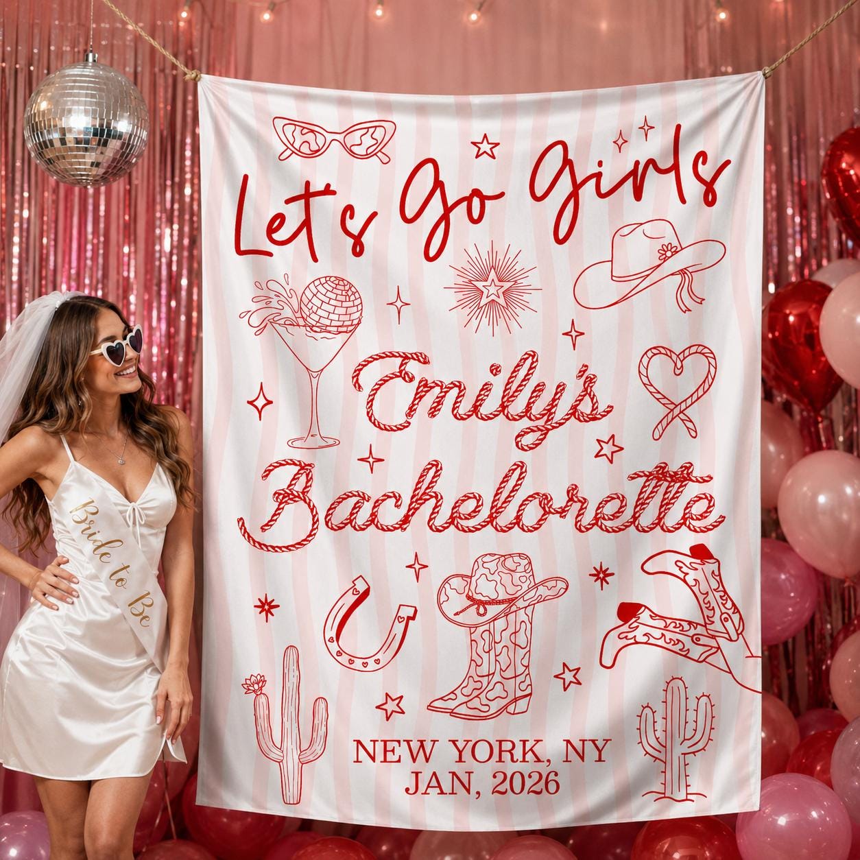 Personalized Let's Go Girls Bachelorette Silk Banner Retro Western Last Rodeo Party Decor for Bridal Shower or Nashville Cowgirl Bash