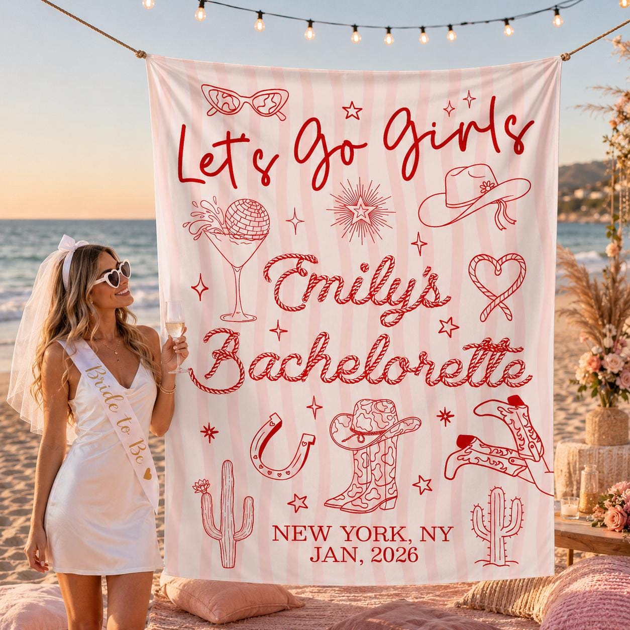 Personalized Let's Go Girls Bachelorette Silk Banner Retro Western Last Rodeo Party Decor for Bridal Shower or Nashville Cowgirl Bash
