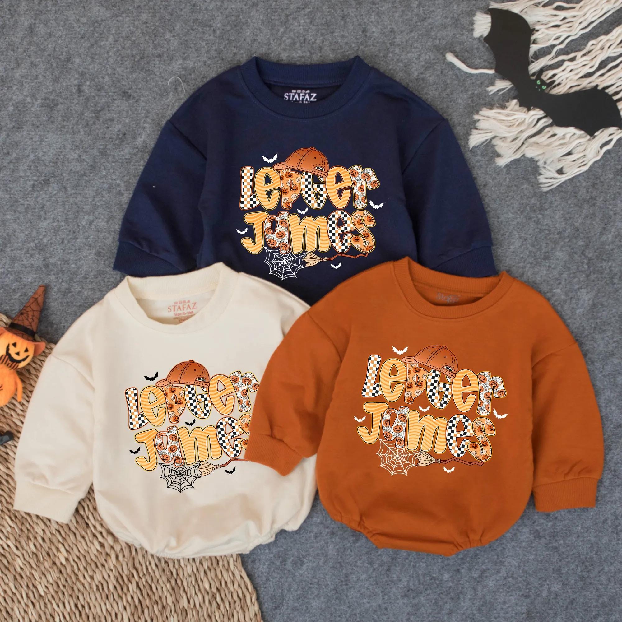 Personalized Levi James Halloween Boy Romper Fun Bat Spider Web Design Baby Fall Outfit Spooky Infant Costume Cotton Comfortable Gift