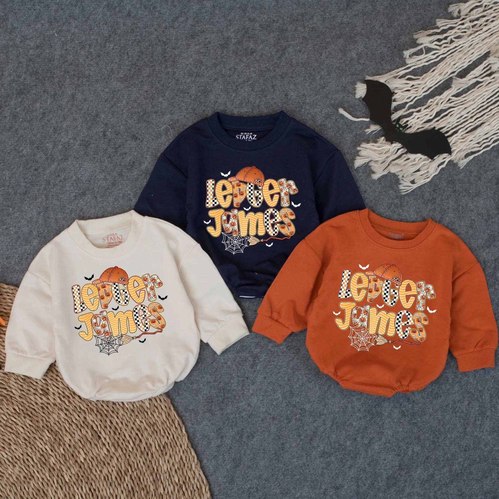 Personalized Levi James Halloween Boy Romper Fun Bat Spider Web Design Baby Fall Outfit Spooky Infant Costume Cotton Comfortable Gift