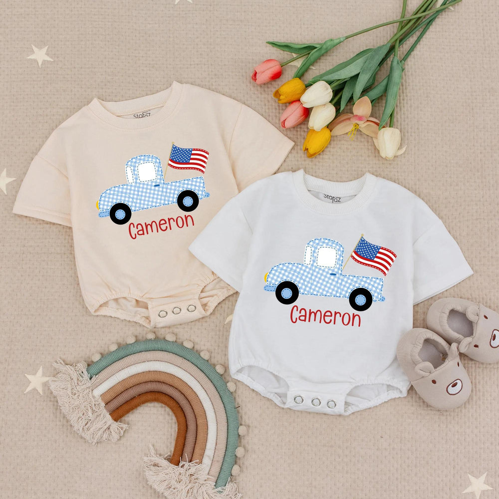 Personalized Light Blue Gingham Baby Romper with Vintage Truck Design, Patriotic Americana Outfit for 4th of July Celebrations