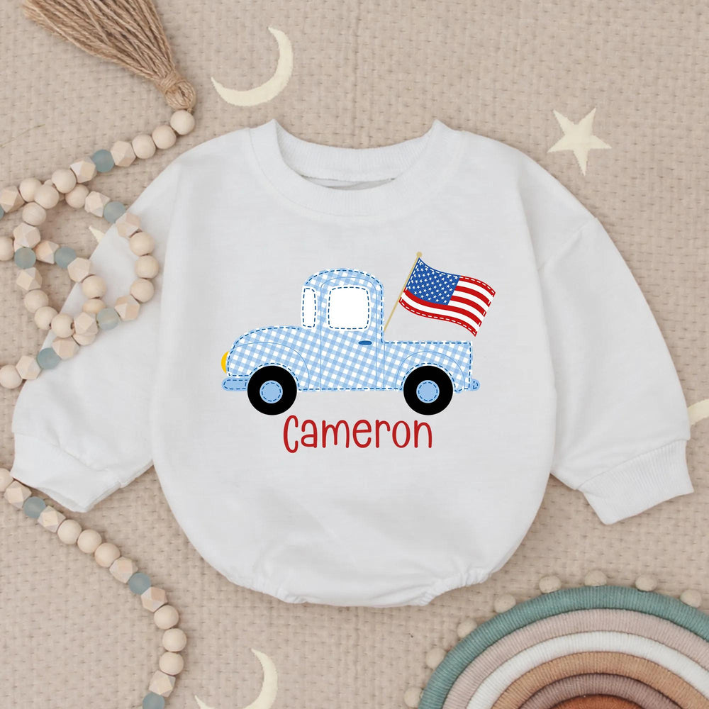 Personalized Light Blue Gingham Baby Romper with Vintage Truck Design, Patriotic Americana Outfit for 4th of July Celebrations