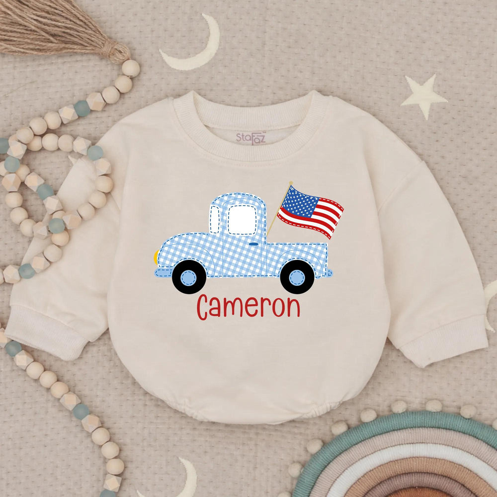 Personalized Light Blue Gingham Baby Romper with Vintage Truck Design, Patriotic Americana Outfit for 4th of July Celebrations