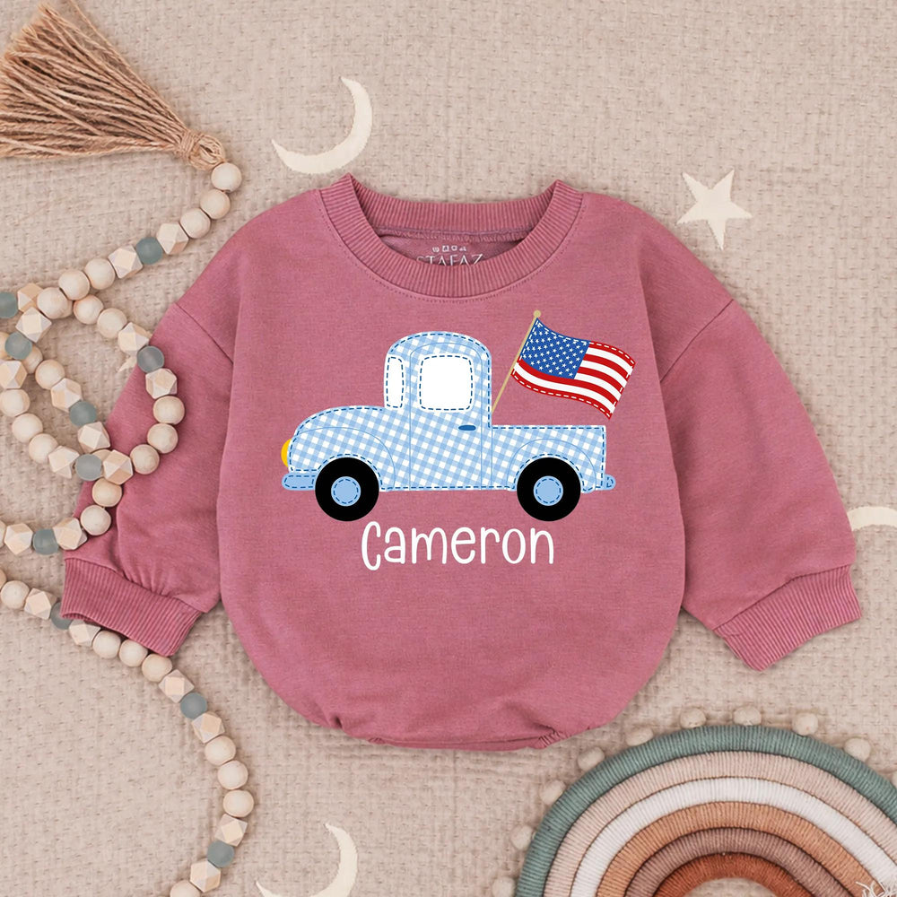Personalized Light Blue Gingham Baby Romper with Vintage Truck Design, Patriotic Americana Outfit for 4th of July Celebrations