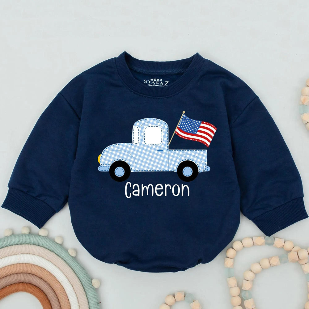 Personalized Light Blue Gingham Baby Romper with Vintage Truck Design, Patriotic Americana Outfit for 4th of July Celebrations