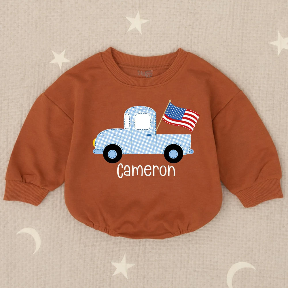 Personalized Light Blue Gingham Baby Romper with Vintage Truck Design, Patriotic Americana Outfit for 4th of July Celebrations