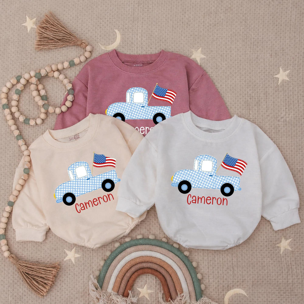 Personalized Light Blue Gingham Baby Romper with Vintage Truck Design, Patriotic Americana Outfit for 4th of July Celebrations