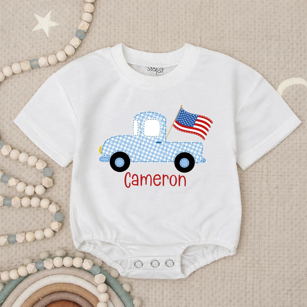 Personalized Light Blue Gingham Baby Romper with Vintage Truck Design, Patriotic Americana Outfit for 4th of July Celebrations