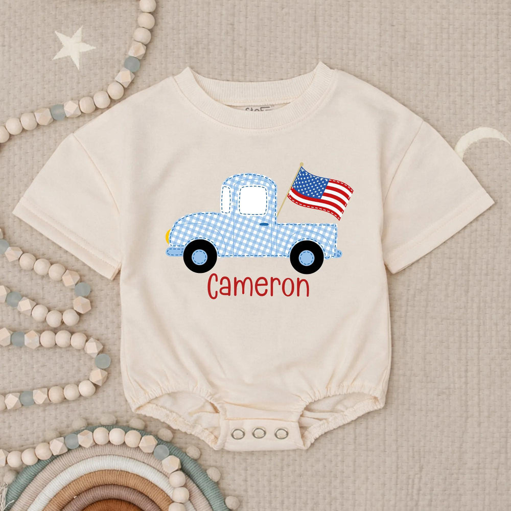 Personalized Light Blue Gingham Baby Romper with Vintage Truck Design, Patriotic Americana Outfit for 4th of July Celebrations