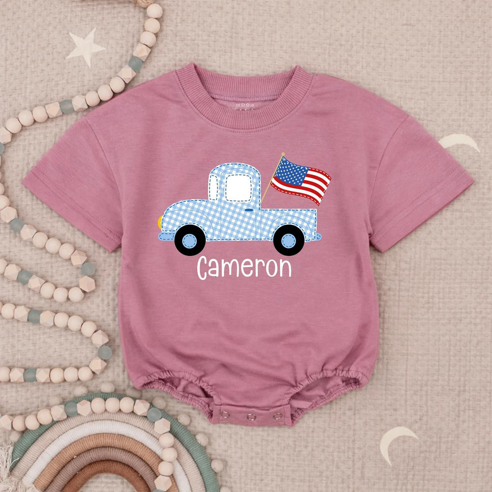 Personalized Light Blue Gingham Baby Romper with Vintage Truck Design, Patriotic Americana Outfit for 4th of July Celebrations