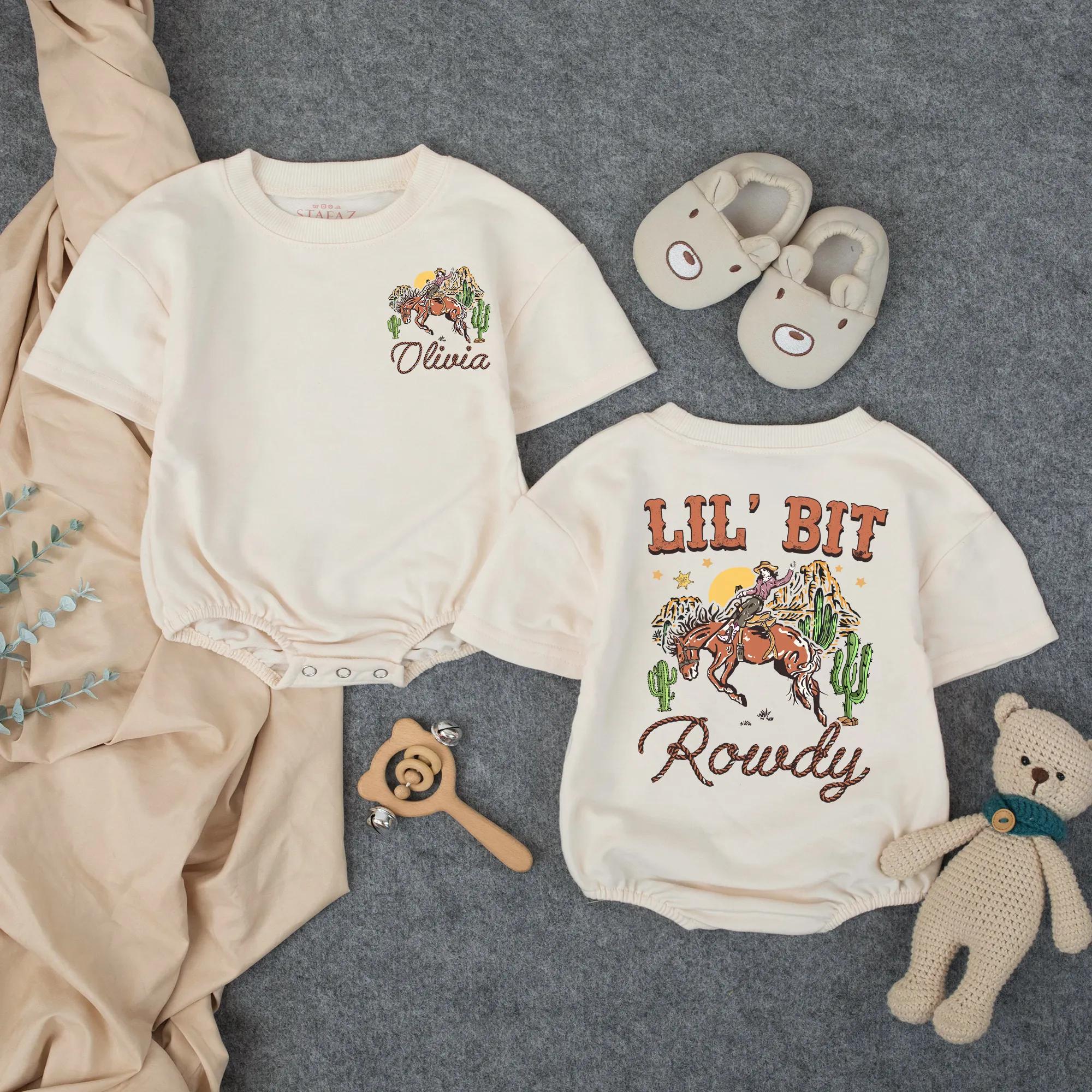 Personalized Lil' Bit Rowdy Baby Romper with Cowgirl and Horse Graphic Custom Toddler Outfit Soft Cotton Western Birthday Girl Clothes