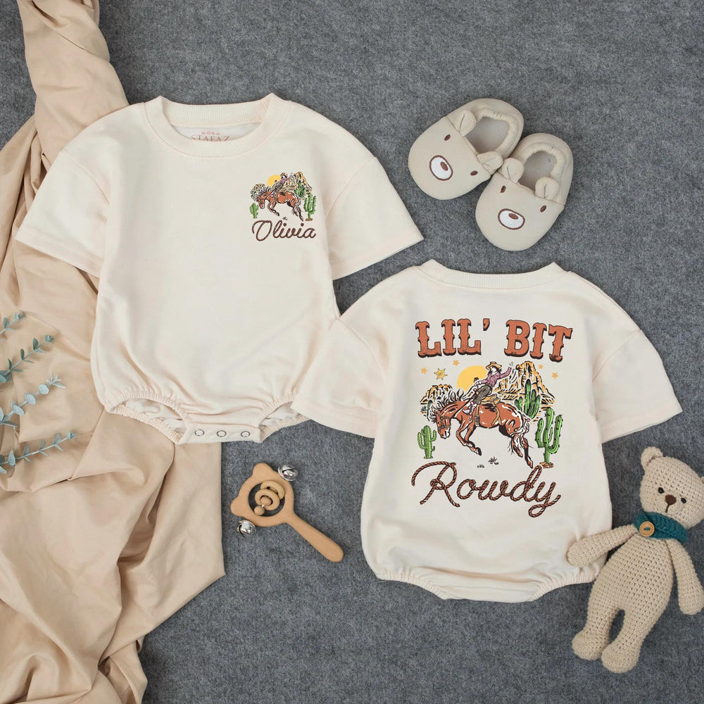 Personalized Lil' Bit Rowdy Baby Romper with Cowgirl and Horse Graphic Custom Toddler Outfit Soft Cotton Western Birthday Girl Clothes