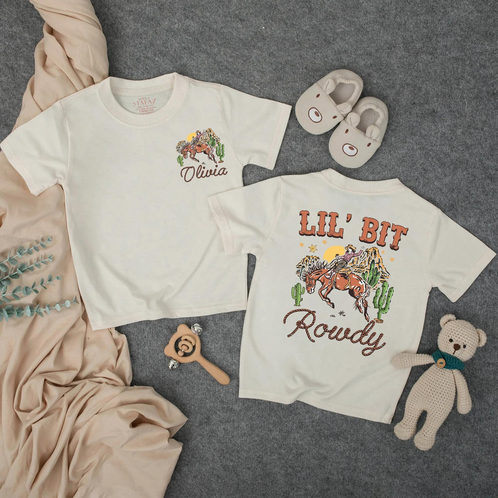 Personalized Lil' Bit Rowdy Baby Romper with Cowgirl and Horse Graphic Custom Toddler Outfit Soft Cotton Western Birthday Girl Clothes