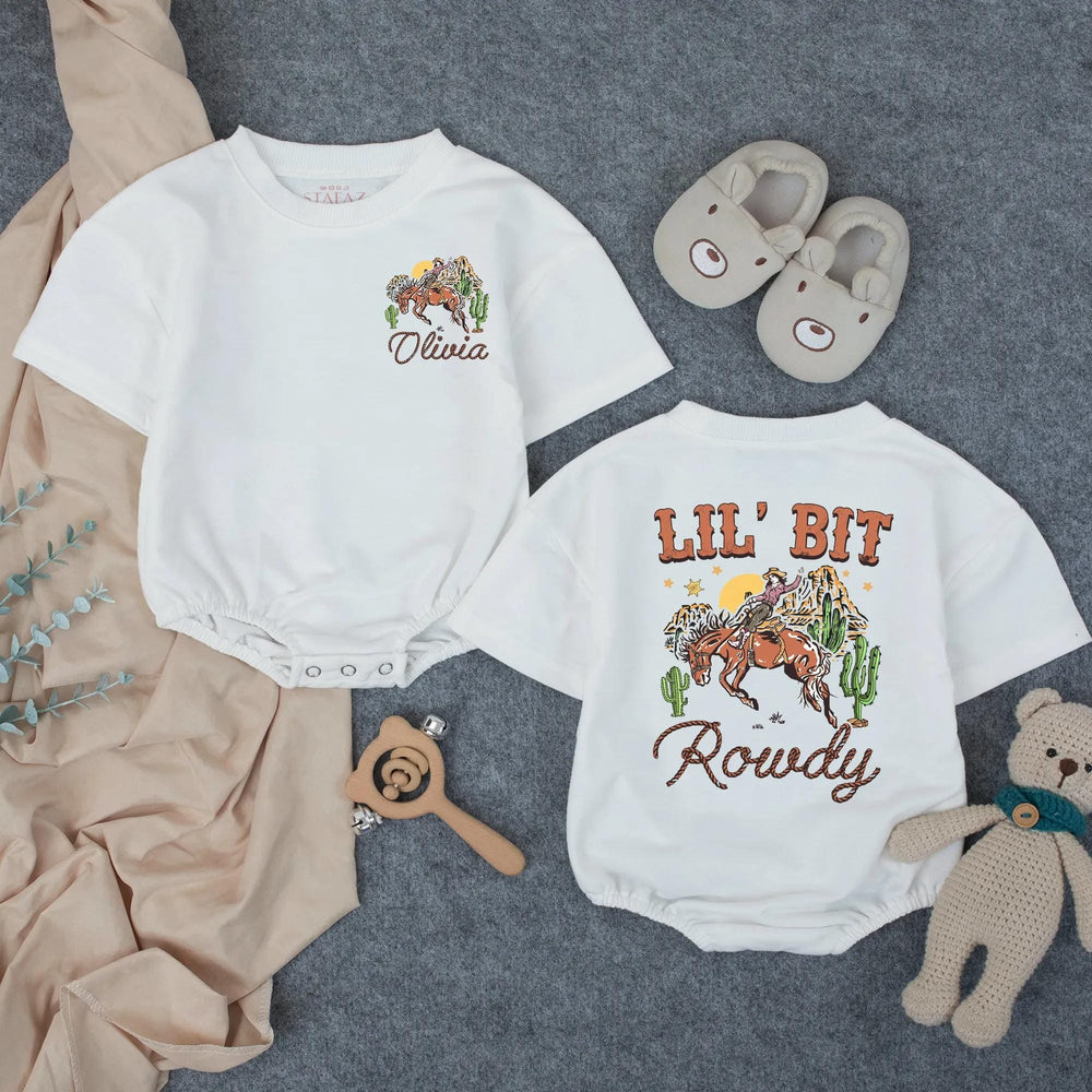 Personalized Lil' Bit Rowdy Baby Romper with Cowgirl and Horse Graphic Custom Toddler Outfit Soft Cotton Western Birthday Girl Clothes