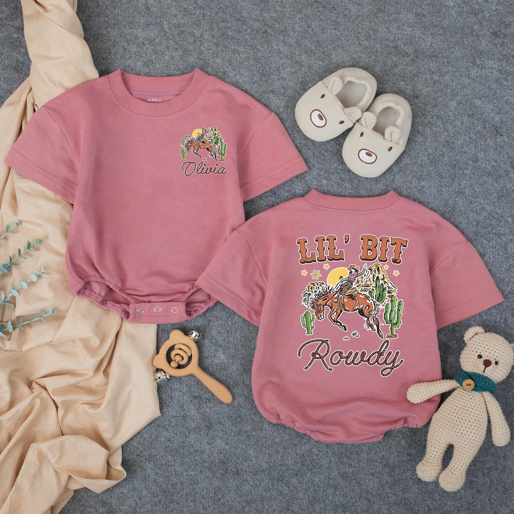 Personalized Lil' Bit Rowdy Baby Romper with Cowgirl and Horse Graphic Custom Toddler Outfit Soft Cotton Western Birthday Girl Clothes