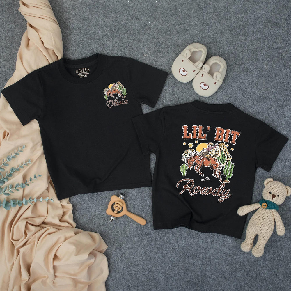Personalized Lil' Bit Rowdy Baby Romper with Cowgirl and Horse Graphic Custom Toddler Outfit Soft Cotton Western Birthday Girl Clothes